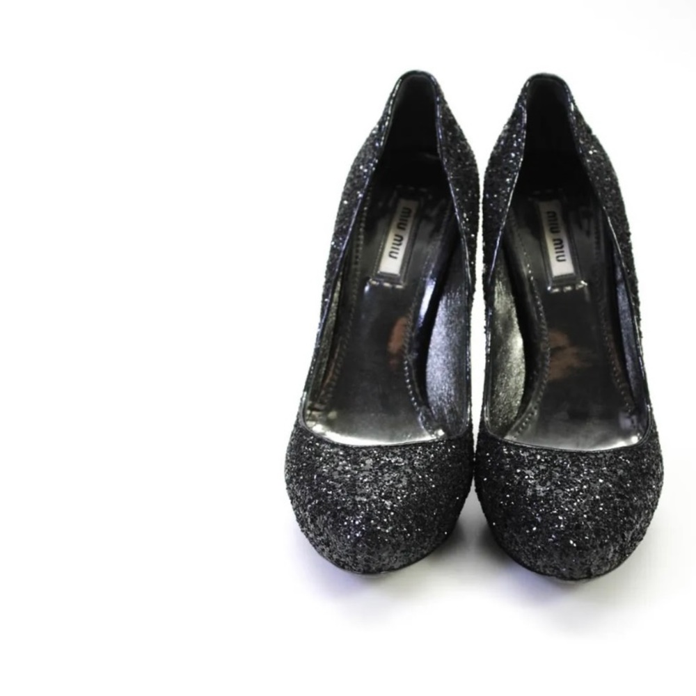 Miu Miu Womens Slip On Glitter Almond Toe Stiletto Pumps Black Size 36 6